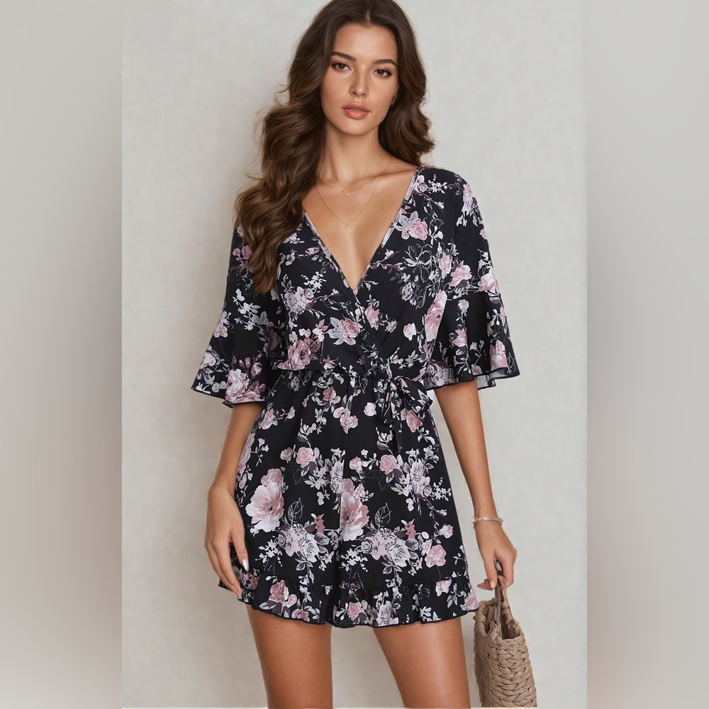 Mira Floral Print Flounce Sleeve Romper